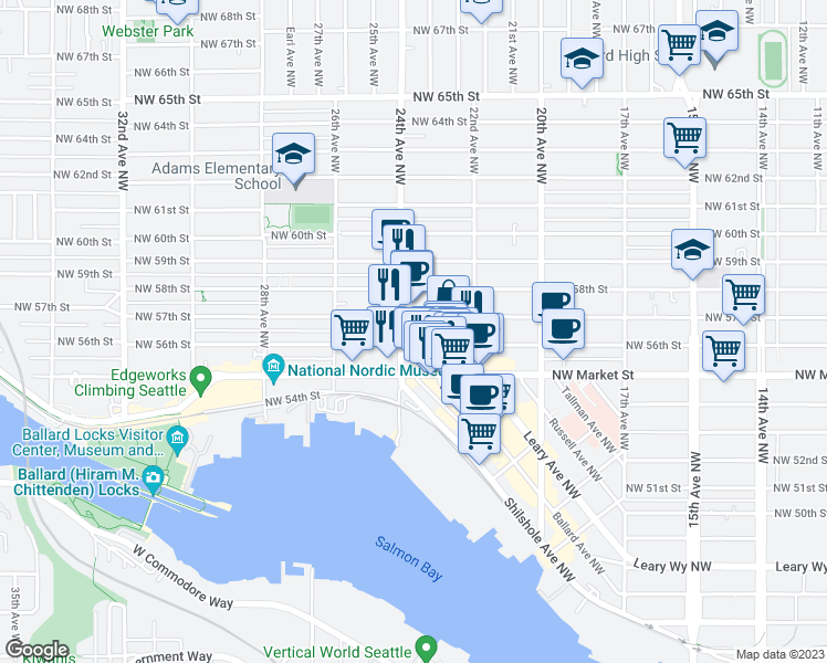 map of restaurants, bars, coffee shops, grocery stores, and more near 2237 Northwest 57th Street in Seattle