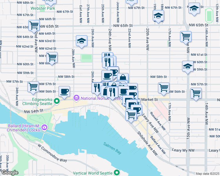 map of restaurants, bars, coffee shops, grocery stores, and more near 5615 Northwest 57th Street in Seattle