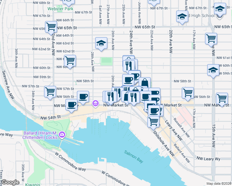 map of restaurants, bars, coffee shops, grocery stores, and more near 2437 Northwest 57th Street in Seattle