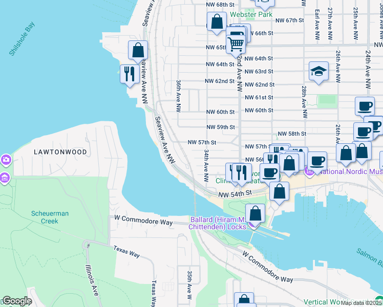 map of restaurants, bars, coffee shops, grocery stores, and more near 3435D Northwest 57th Street in Seattle