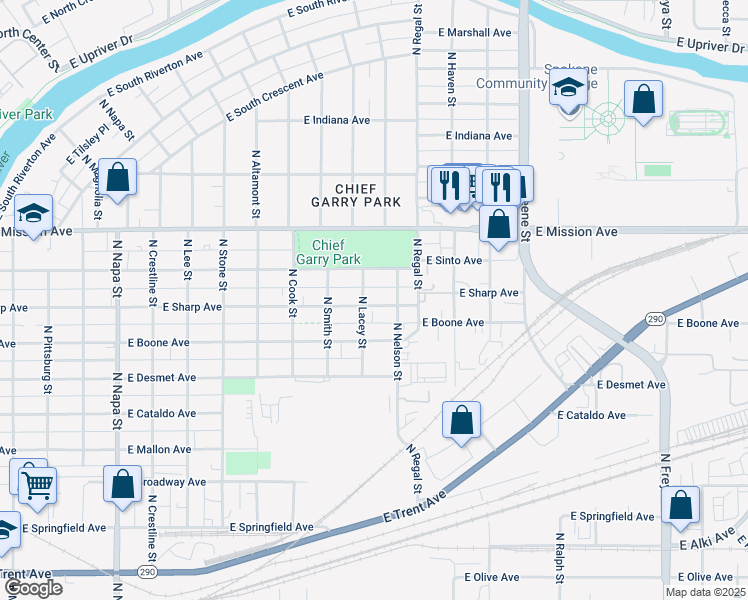 map of restaurants, bars, coffee shops, grocery stores, and more near 2709 East Sharp Avenue in Spokane
