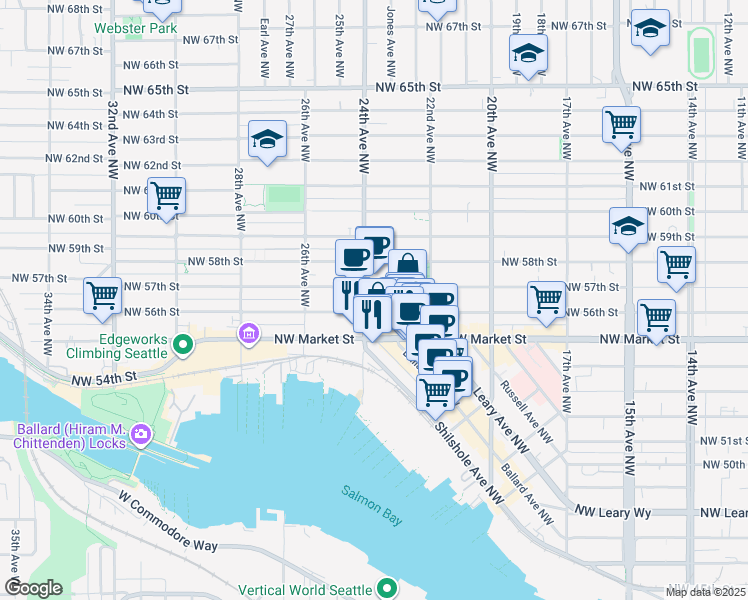 map of restaurants, bars, coffee shops, grocery stores, and more near 5650 24th Avenue Northwest in Seattle