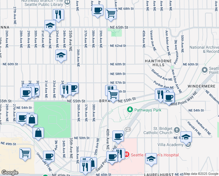 map of restaurants, bars, coffee shops, grocery stores, and more near 5614 40th Avenue Northeast in Seattle