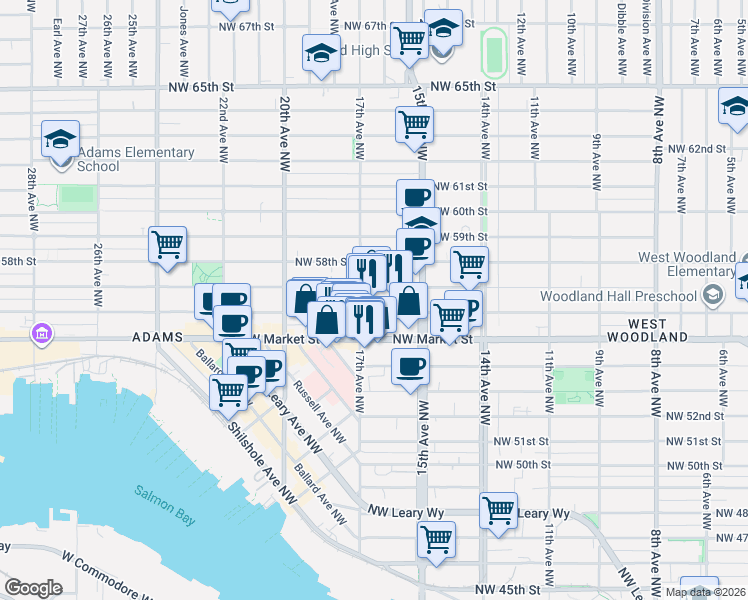 map of restaurants, bars, coffee shops, grocery stores, and more near 1545 Northwest 57th Street in Seattle