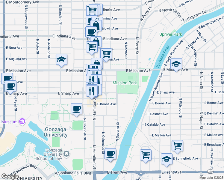 map of restaurants, bars, coffee shops, grocery stores, and more near 1304 North Columbus Street in Spokane