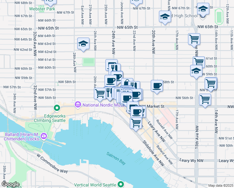 map of restaurants, bars, coffee shops, grocery stores, and more near 2237 Northwest 57th Street in Seattle