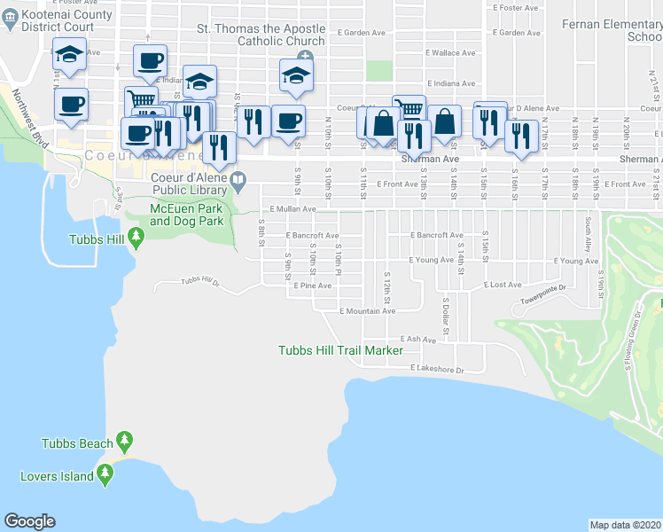 map of restaurants, bars, coffee shops, grocery stores, and more near 1024 East Young Avenue in Coeur d'Alene