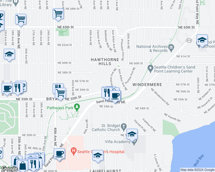 map of restaurants, bars, coffee shops, grocery stores, and more near 4569 Purdue Avenue Northeast in Seattle