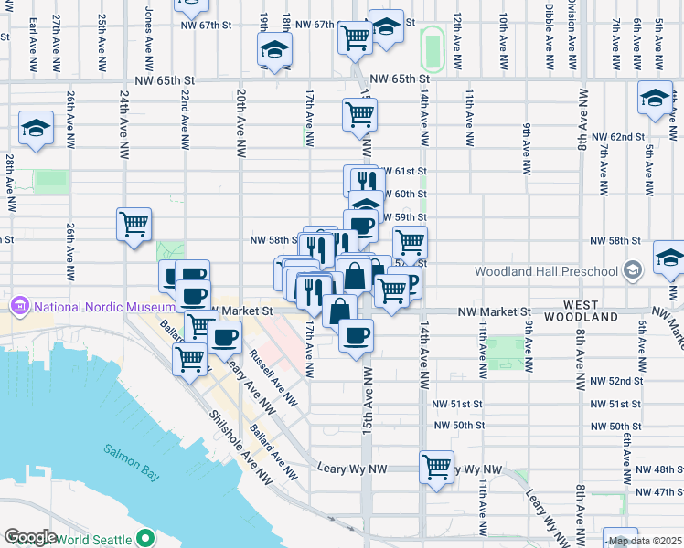 map of restaurants, bars, coffee shops, grocery stores, and more near 1525 Northwest 57th Street in Seattle