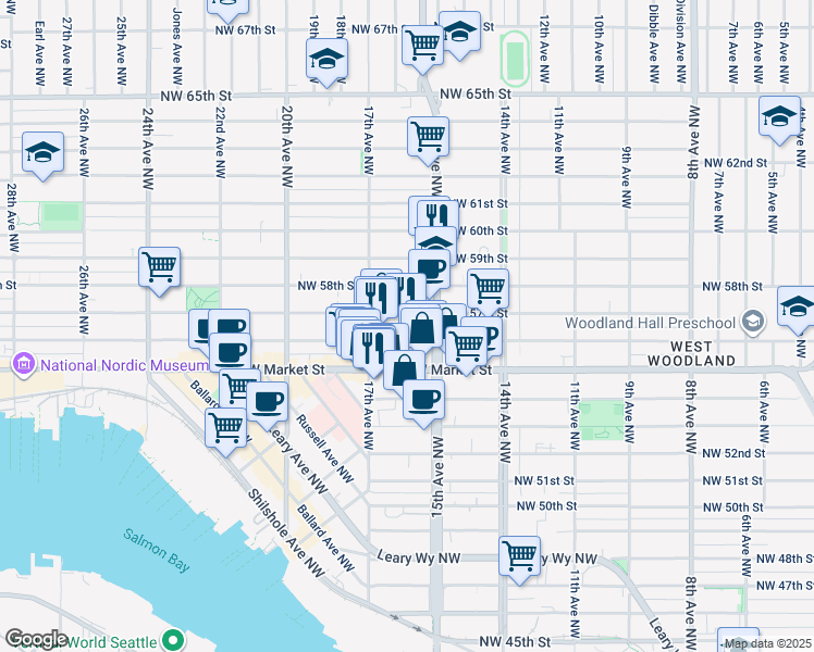 map of restaurants, bars, coffee shops, grocery stores, and more near 1525 Northwest 57th Street in Seattle