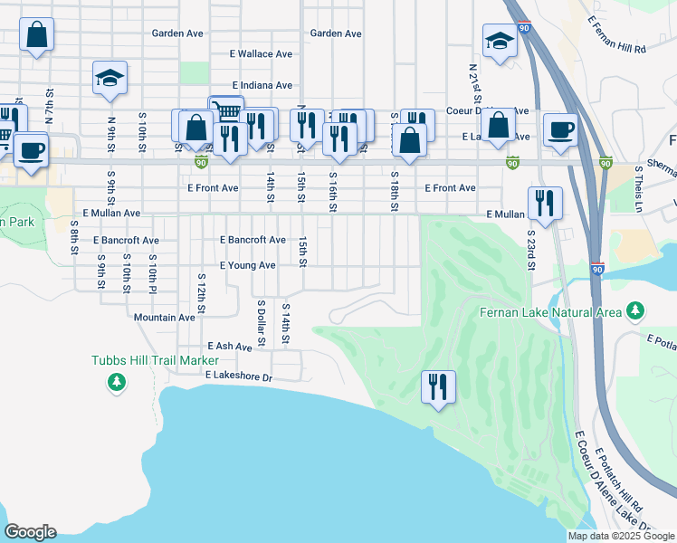 map of restaurants, bars, coffee shops, grocery stores, and more near 402 South 16th Street in Coeur d'Alene