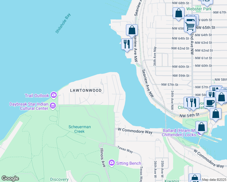 map of restaurants, bars, coffee shops, grocery stores, and more near 5607 40th Avenue West in Seattle