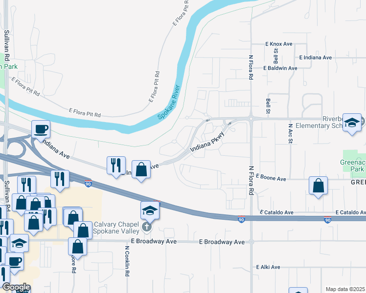 map of restaurants, bars, coffee shops, grocery stores, and more near 16621 East Indiana Avenue in Spokane Valley