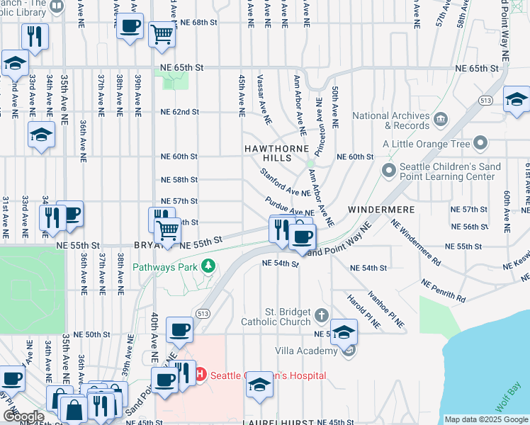 map of restaurants, bars, coffee shops, grocery stores, and more near 4524 Northeast Tulane Place in Seattle