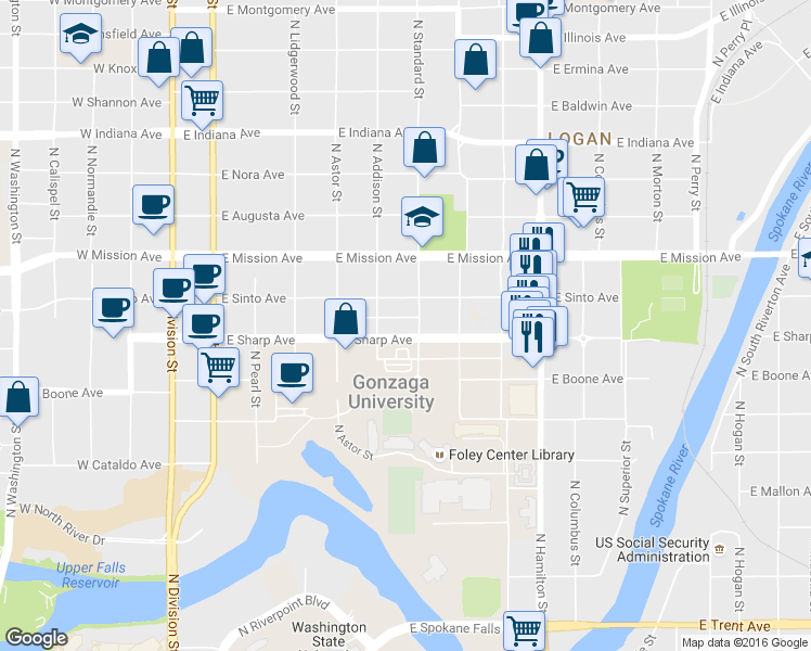 map of restaurants, bars, coffee shops, grocery stores, and more near 521 East Sharp Avenue in Spokane