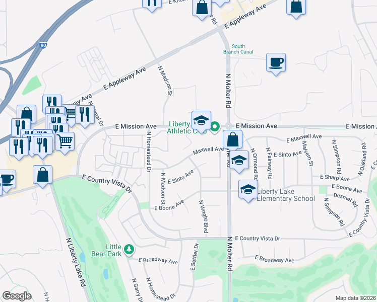 map of restaurants, bars, coffee shops, grocery stores, and more near 23305 Maxwell Avenue in Liberty Lake