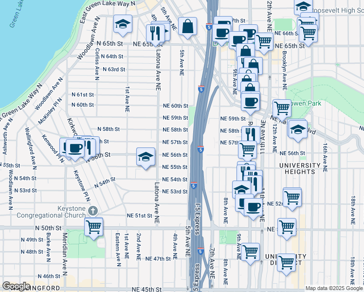 map of restaurants, bars, coffee shops, grocery stores, and more near 349 Northeast 57th Street in Seattle
