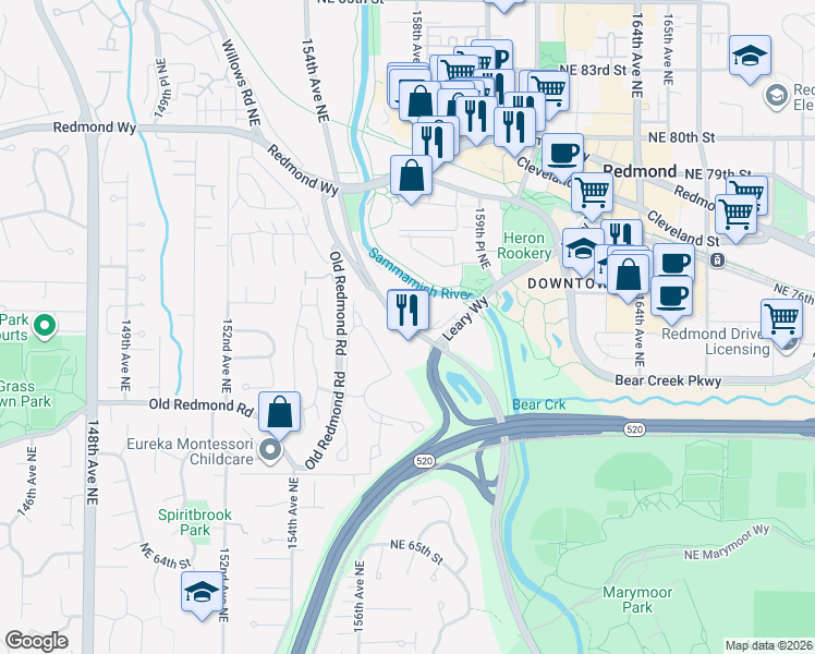 map of restaurants, bars, coffee shops, grocery stores, and more near 7432 West Lake Sammamish Parkway Northeast in Redmond