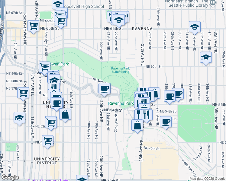 map of restaurants, bars, coffee shops, grocery stores, and more near in Seattle