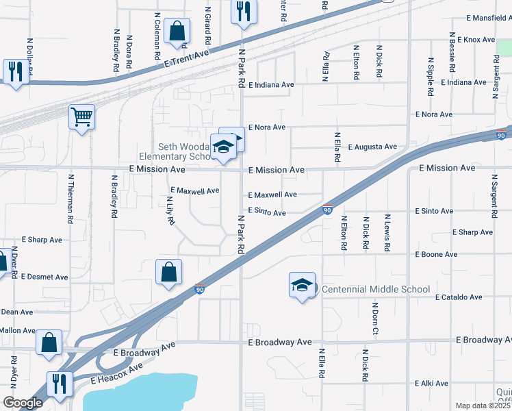 map of restaurants, bars, coffee shops, grocery stores, and more near 7515 East Sinto Avenue in Spokane Valley