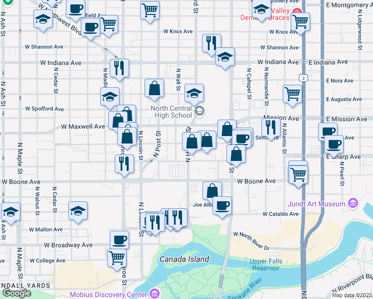 map of restaurants, bars, coffee shops, grocery stores, and more near 1319 North Howard Street in Spokane