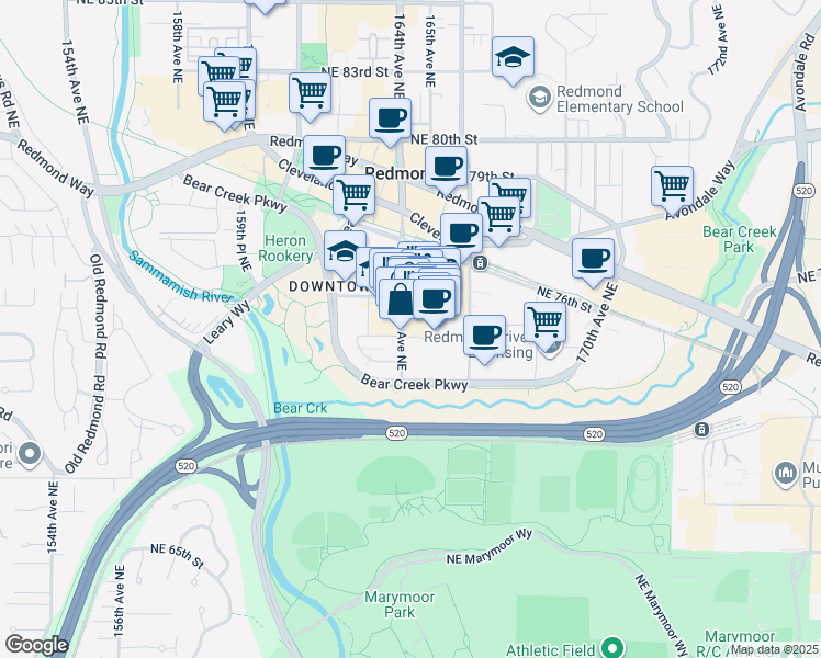 map of restaurants, bars, coffee shops, grocery stores, and more near 7300 164th Avenue Northeast in Redmond