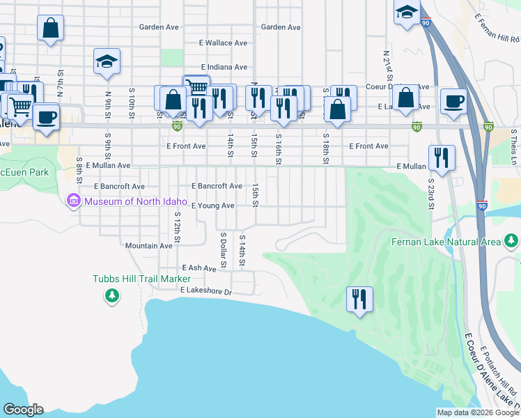 map of restaurants, bars, coffee shops, grocery stores, and more near 502 South 15th Street in Coeur d'Alene