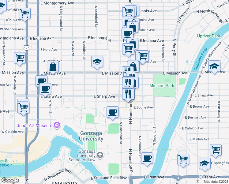 map of restaurants, bars, coffee shops, grocery stores, and more near 717 East Sharp Avenue in Spokane