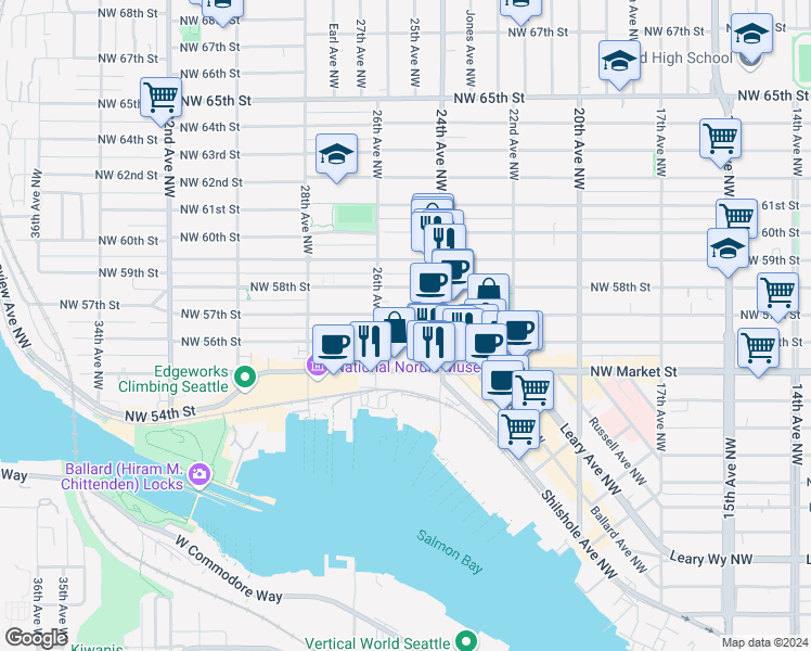map of restaurants, bars, coffee shops, grocery stores, and more near 2429 Northwest 57th Street in Seattle