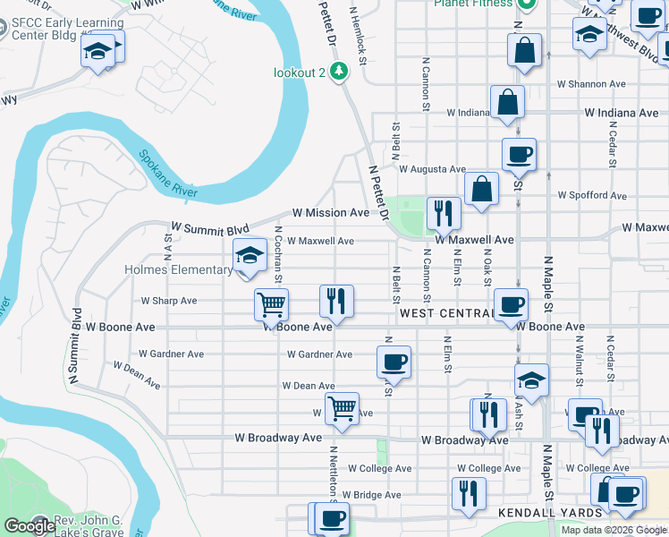 map of restaurants, bars, coffee shops, grocery stores, and more near N Nettleton St & W Sinto Ave in Spokane