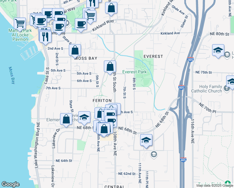 map of restaurants, bars, coffee shops, grocery stores, and more near 630 6th Street South in Kirkland