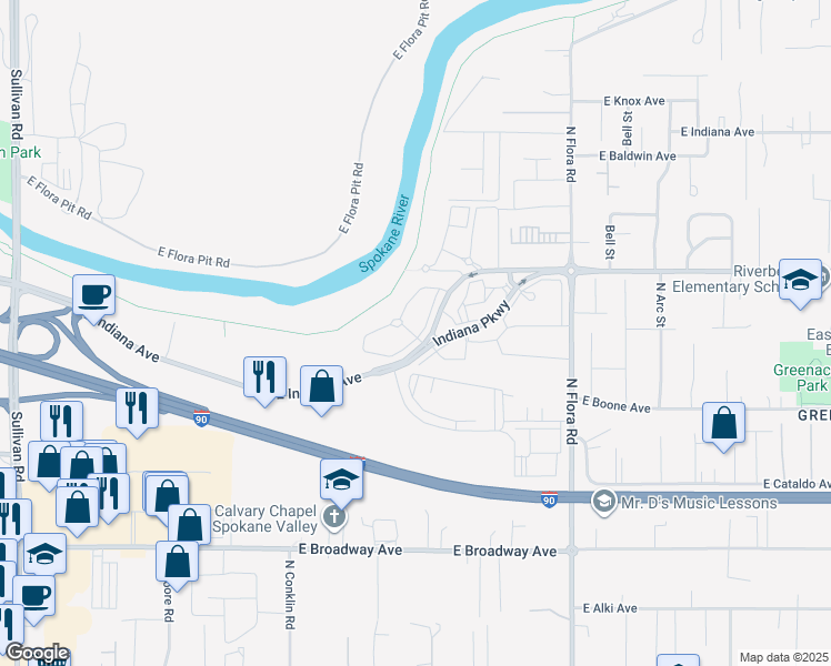 map of restaurants, bars, coffee shops, grocery stores, and more near 16621 East Indiana Avenue in Spokane Valley