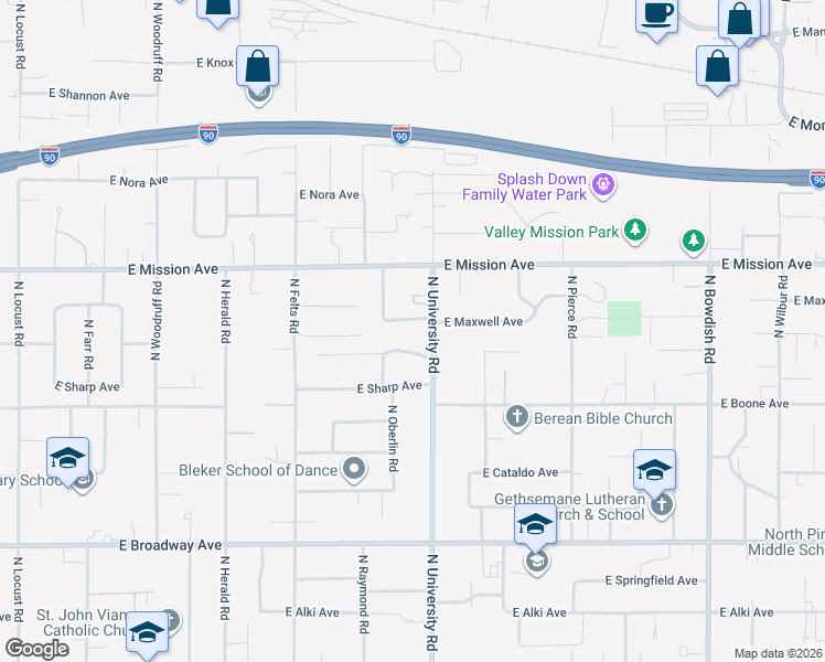 map of restaurants, bars, coffee shops, grocery stores, and more near 10602 East Maxwell Avenue in Spokane Valley