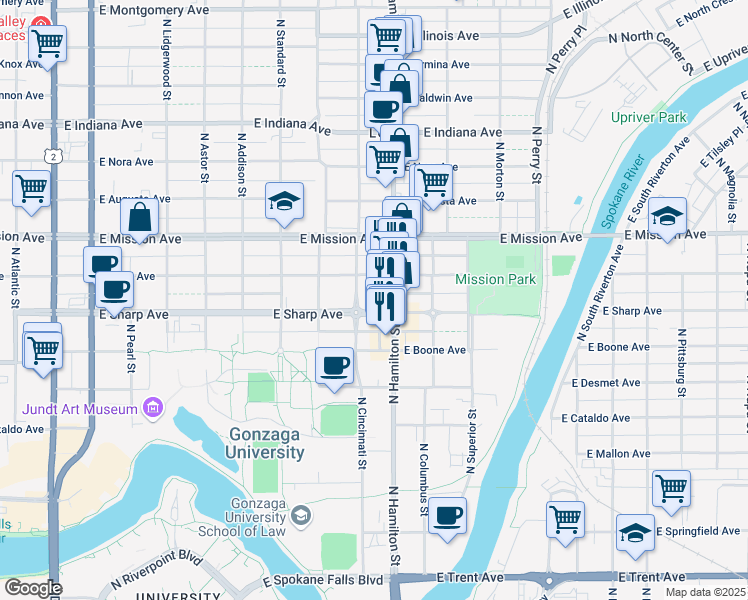 map of restaurants, bars, coffee shops, grocery stores, and more near 815 East Sharp Avenue in Spokane