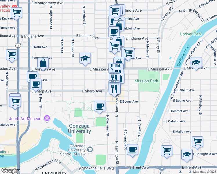 map of restaurants, bars, coffee shops, grocery stores, and more near 815 East Sharp Avenue in Spokane