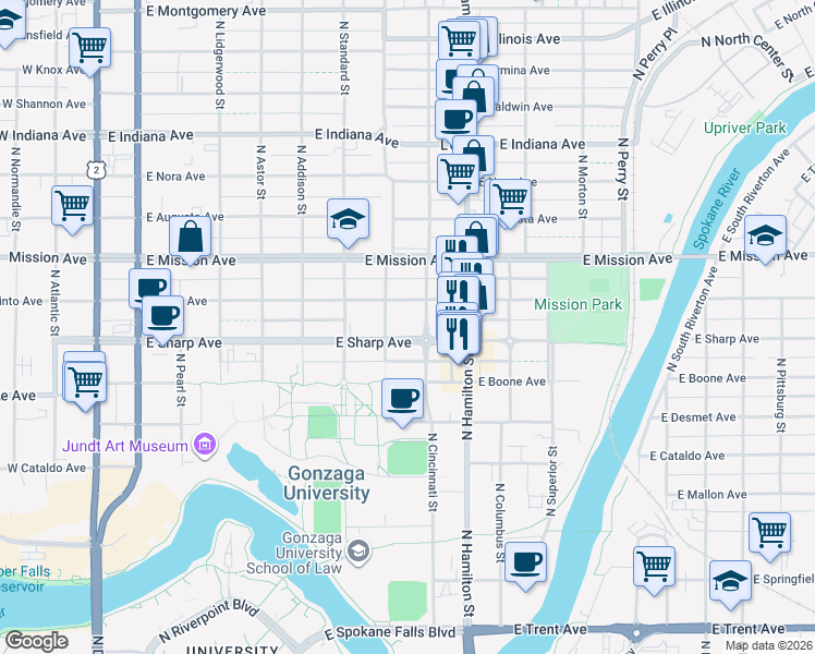 map of restaurants, bars, coffee shops, grocery stores, and more near 717 East Sharp Avenue in Spokane