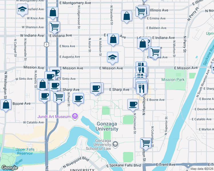 map of restaurants, bars, coffee shops, grocery stores, and more near 521 East Sharp Avenue in Spokane