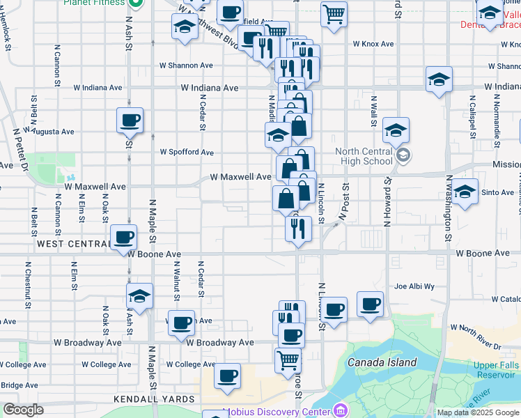 map of restaurants, bars, coffee shops, grocery stores, and more near 1117 West Sinto Avenue in Spokane