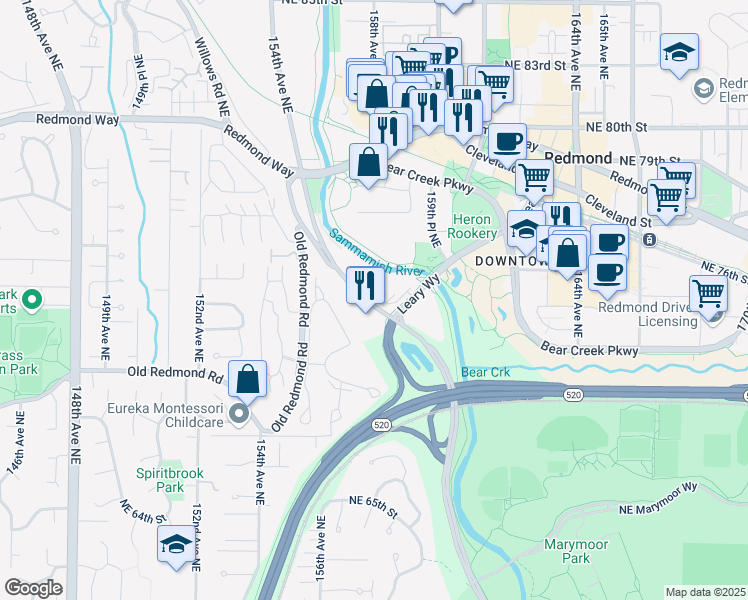map of restaurants, bars, coffee shops, grocery stores, and more near 7292 West Lake Sammamish Parkway Northeast in Redmond