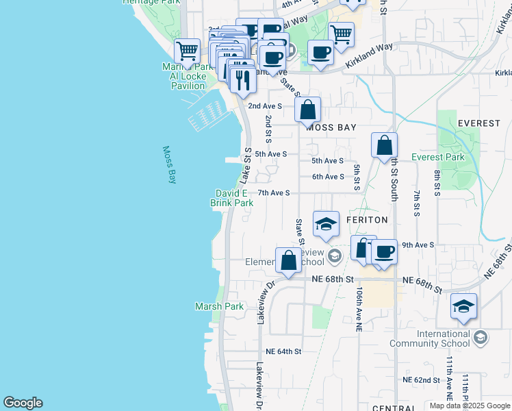 map of restaurants, bars, coffee shops, grocery stores, and more near 714 1st Street South in Kirkland
