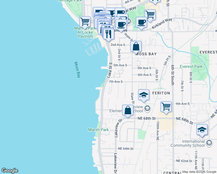 map of restaurants, bars, coffee shops, grocery stores, and more near 733 Lake Street South in Kirkland