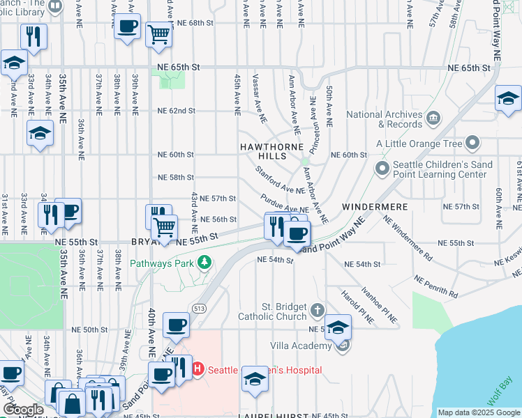 map of restaurants, bars, coffee shops, grocery stores, and more near 4524 Northeast Tulane Place in Seattle