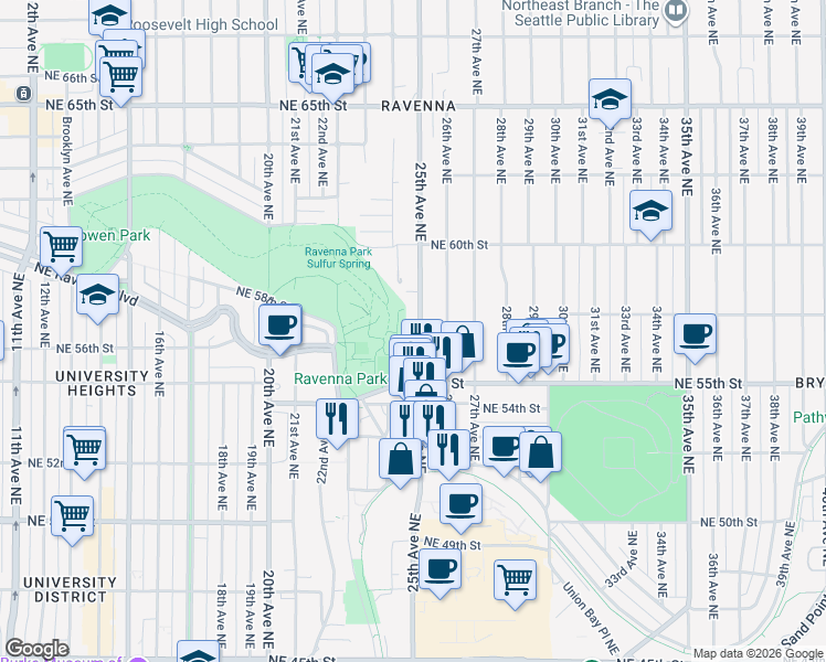 map of restaurants, bars, coffee shops, grocery stores, and more near 5547 25th Avenue Northeast in Seattle