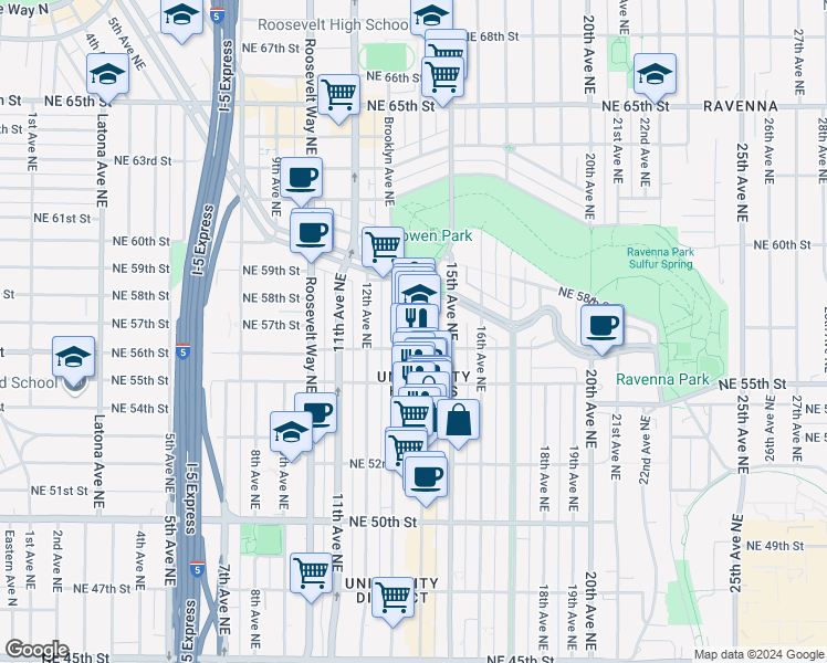 map of restaurants, bars, coffee shops, grocery stores, and more near 5619 University Way Northeast in Seattle