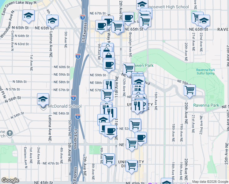 map of restaurants, bars, coffee shops, grocery stores, and more near 5614 11th Avenue Northeast in Seattle