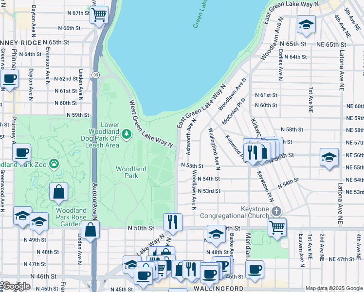 map of restaurants, bars, coffee shops, grocery stores, and more near 5701 East Green Lake Way North in Seattle