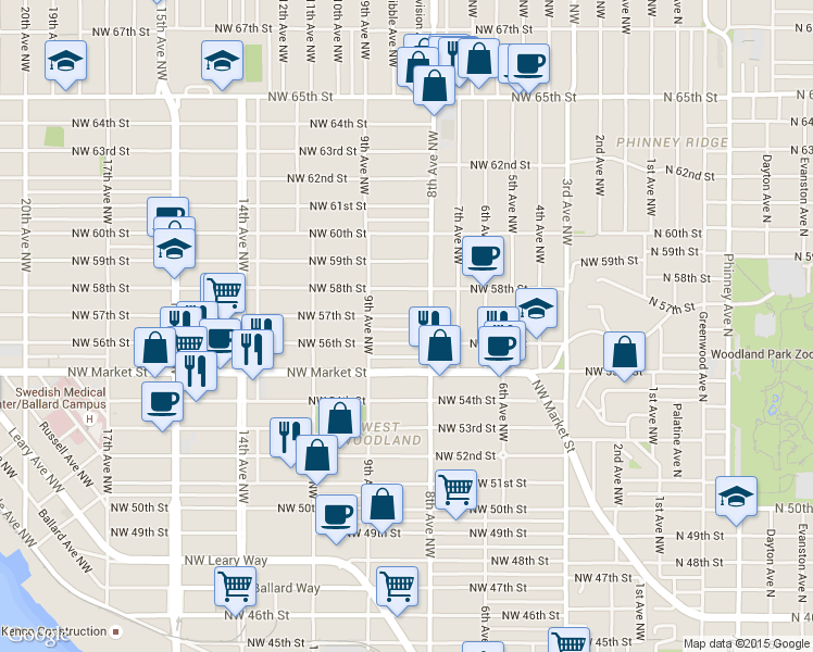 map of restaurants, bars, coffee shops, grocery stores, and more near 815 Northwest 57th Street in Seattle