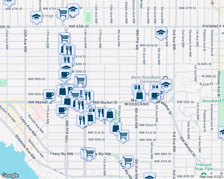 map of restaurants, bars, coffee shops, grocery stores, and more near 927 Northwest 57th Street in Seattle