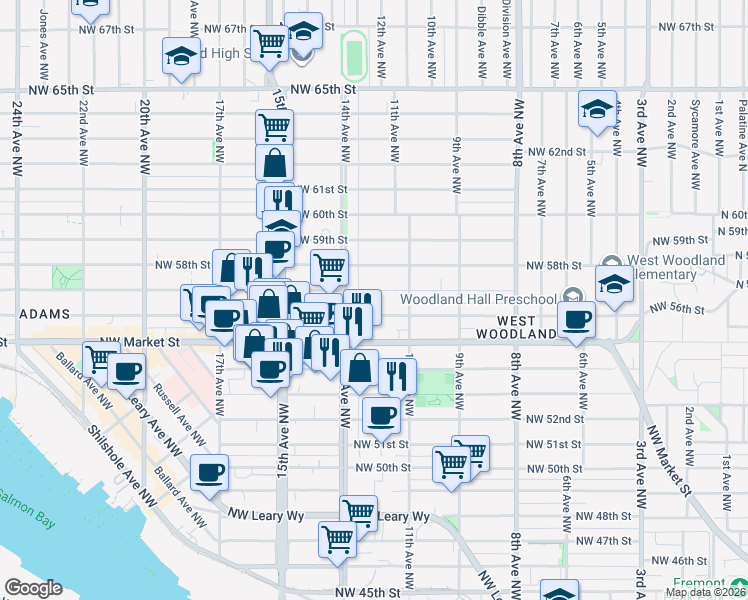 map of restaurants, bars, coffee shops, grocery stores, and more near 1151 Northwest 57th Street in Seattle