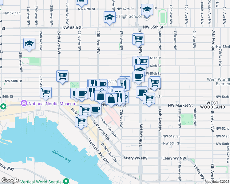 map of restaurants, bars, coffee shops, grocery stores, and more near 1743 Northwest 57th Street in Seattle